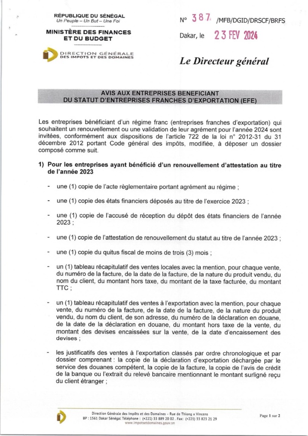 Avis aux Entreprises bénéficiant du Statut d’Entreprises Franches d’Exportation (EFE)