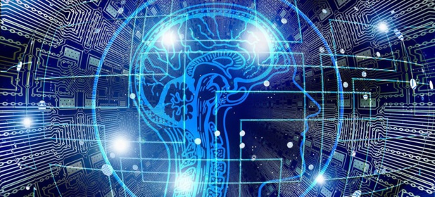 Public Domain Visualisation de l'intelligence artificielle combinant un schéma du cerveau humain avec un circuit imprimé.