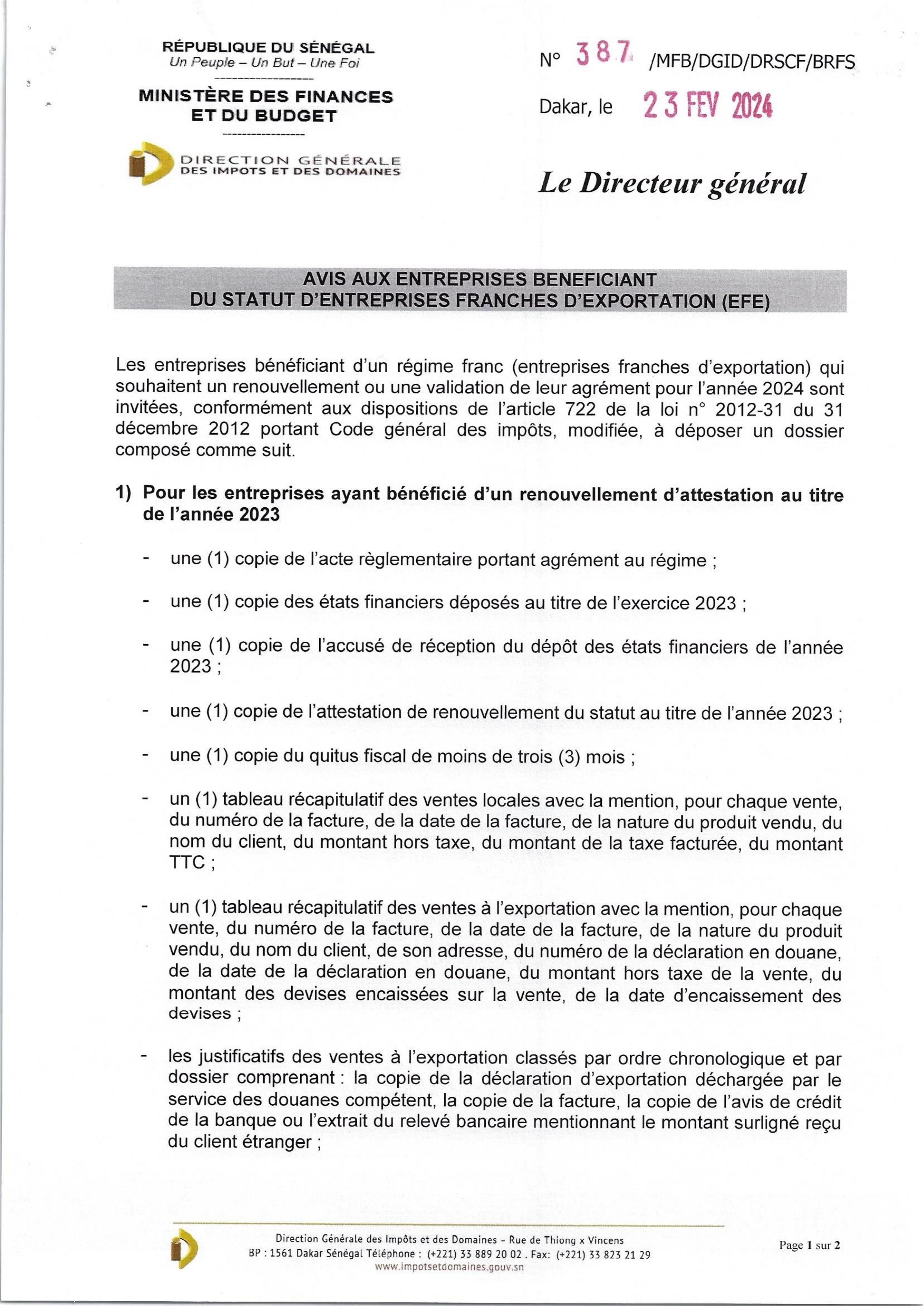 Avis aux Entreprises bénéficiant du Statut d’Entreprises Franches d’Exportation (EFE)