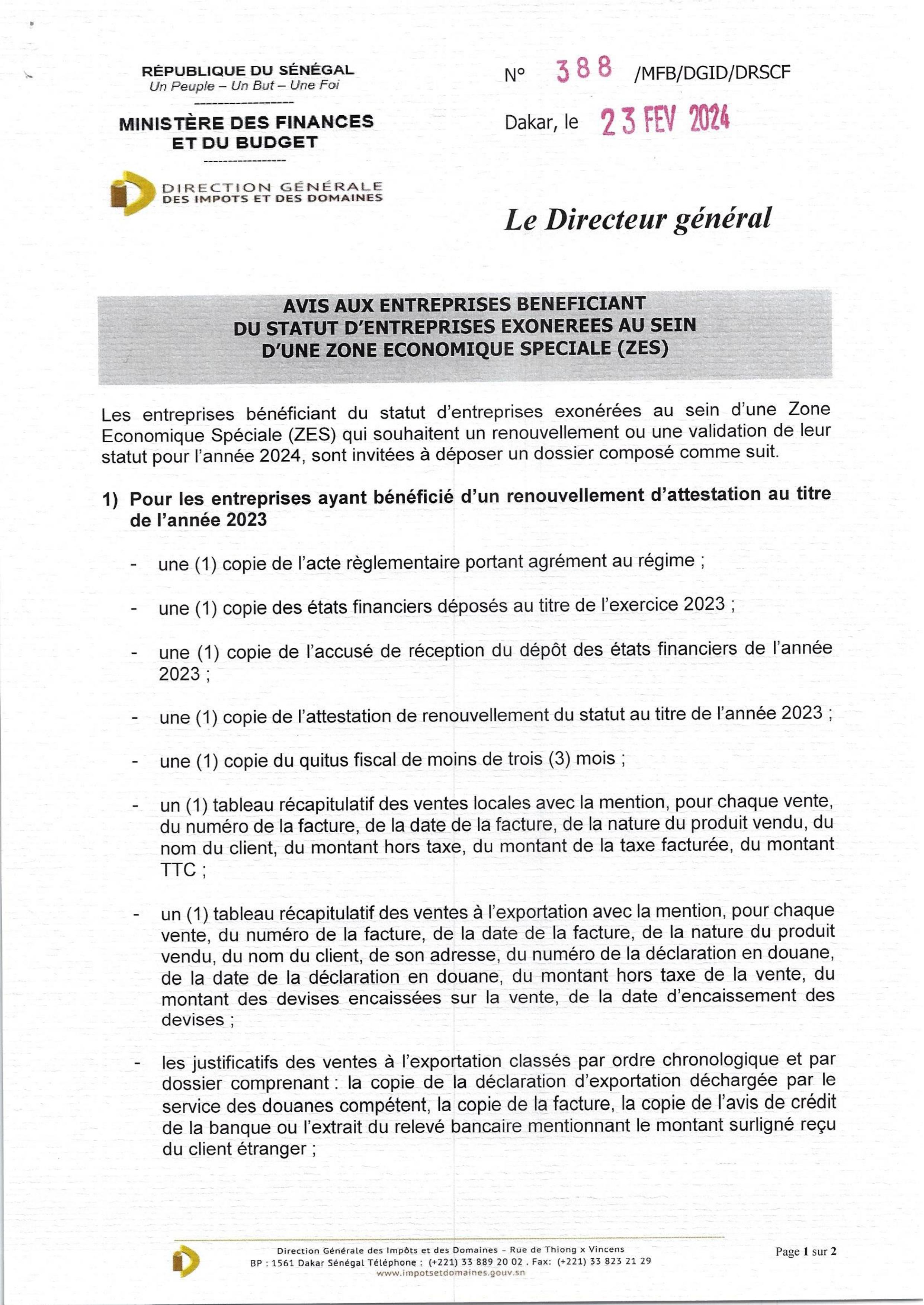 Avis aux Entreprises bénéficiant du Statut d’Entreprises Franches d’Exportation Exonérées au sein d’une Zone Economique Spéciale