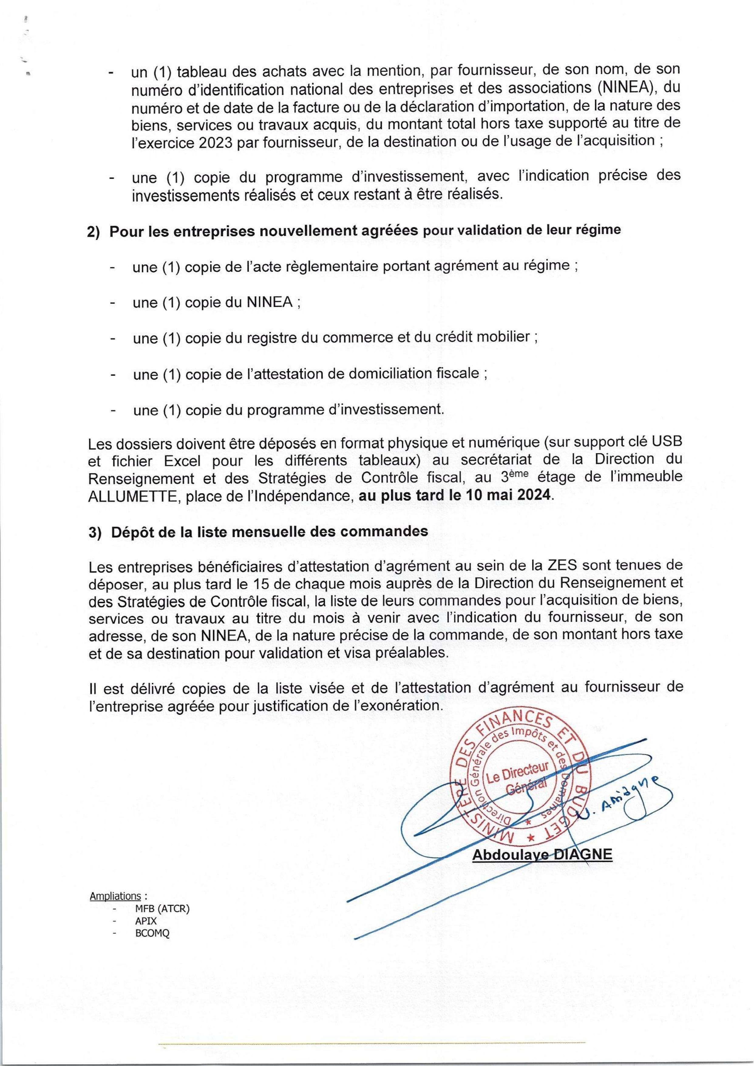 Avis aux Entreprises bénéficiant du Statut d’Entreprises Franches d’Exportation Exonérées au sein d’une Zone Economique Spéciale